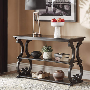 Sabrina Wood Sofa Table with Scroll Legs and Two Open Tiered Storage Shelves