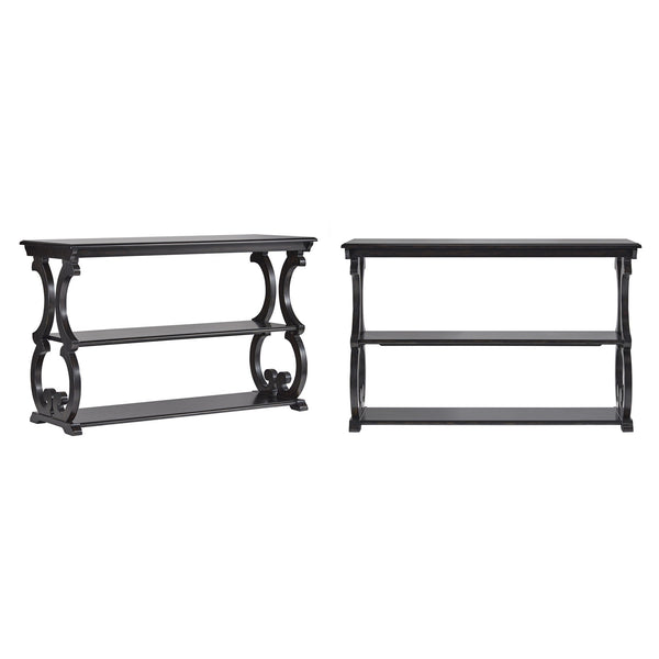 Sabrina Wood Sofa Table with Scroll Legs and Two Open Tiered Storage Shelves