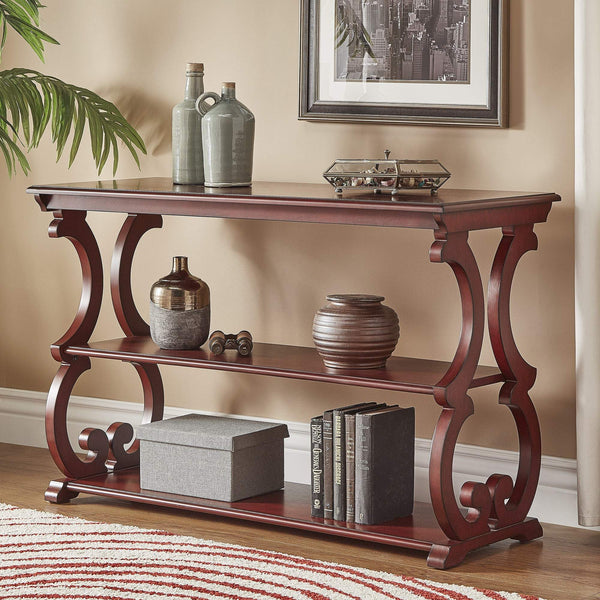Sabrina Wood Sofa Table with Scroll Legs and Two Open Tiered Storage Shelves