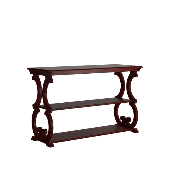 Sabrina Wood Sofa Table with Scroll Legs and Two Open Tiered Storage Shelves