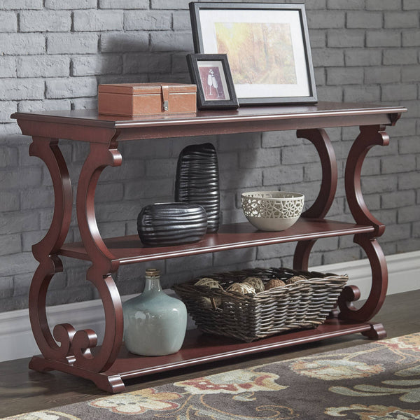 Sabrina Wood Sofa Table with Scroll Legs and Two Open Tiered Storage Shelves