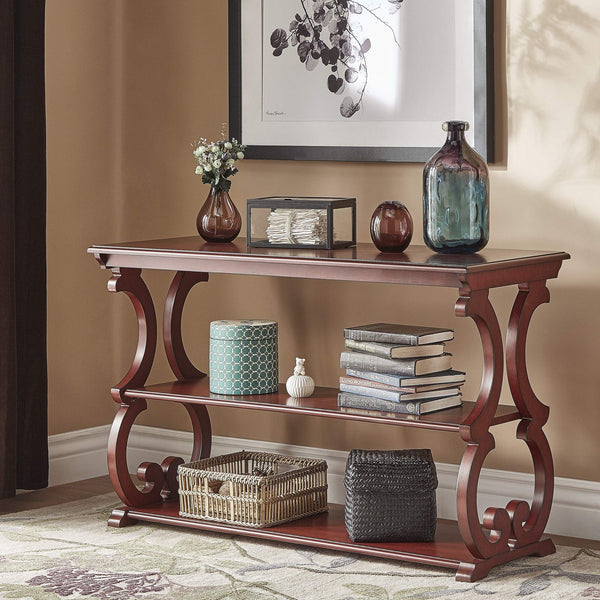 Sabrina Wood Sofa Table with Scroll Legs and Two Open Tiered Storage Shelves