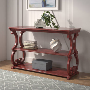 Sabrina Wood Sofa Table with Scroll Legs and Two Open Tiered Storage Shelves