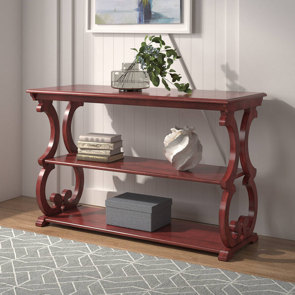 Sabrina Wood Sofa Table with Scroll Legs and Two Open Tiered Storage Shelves
