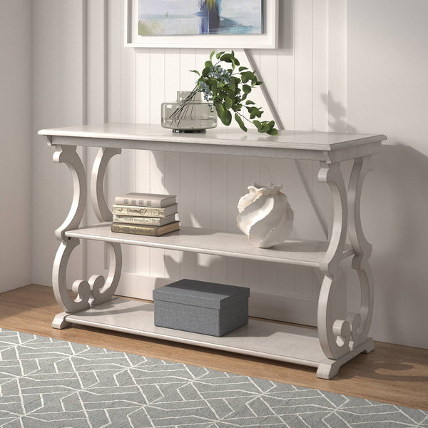 Sabrina Wood Sofa Table with Scroll Legs and Two Open Tiered Storage Shelves