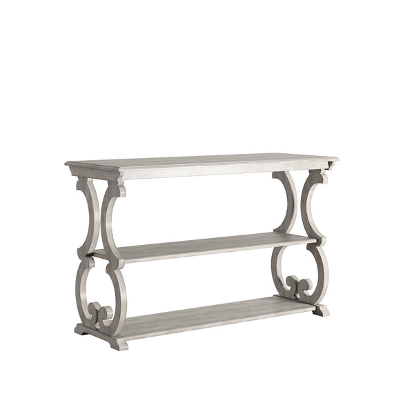Sabrina Wood Sofa Table with Scroll Legs and Two Open Tiered Storage Shelves