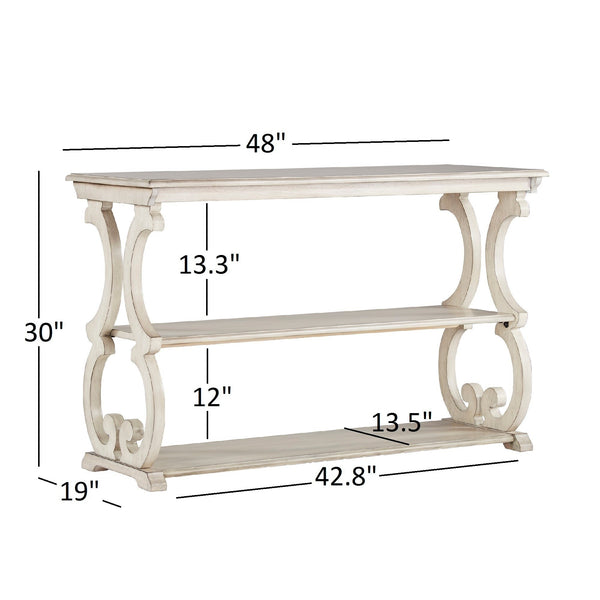Sabrina Wood Sofa Table with Scroll Legs and Two Open Tiered Storage Shelves