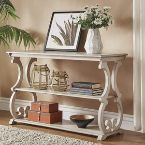 Sabrina Wood Sofa Table with Scroll Legs and Two Open Tiered Storage Shelves