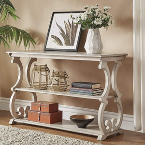 Sabrina Wood Sofa Table with Scroll Legs and Two Open Tiered Storage Shelves
