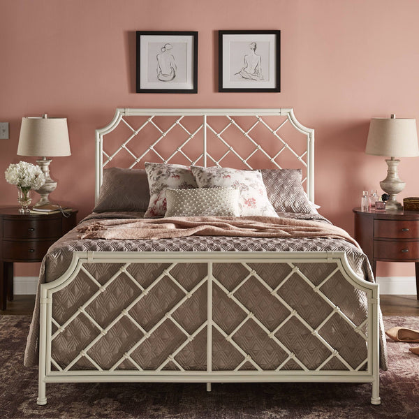 Kassandra Queen Metal Bed White Lattice Headboard Elegant Bedroom Frame