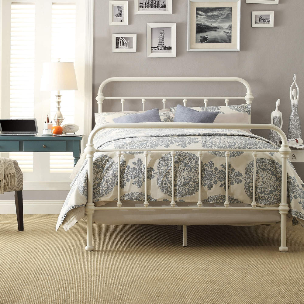 Homelegance Laroche Iron Bed Antique White Curved Frame Vintage Cottage Bedroom E411BF-1W(SPK)