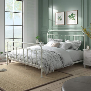 Laroche Antique White Iron Bed Elegant Curved Spindle Frame for Any Bedroom