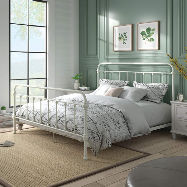 Laroche Antique White Iron Bed Elegant Curved Spindle Frame for Any Bedroom