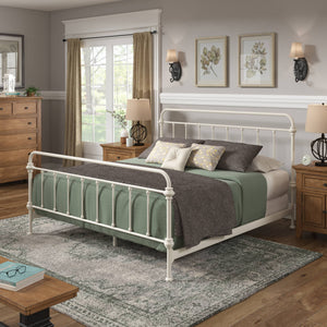 Laroche Antique White Iron Bed Elegant Curved Spindle Frame for Any Bedroom