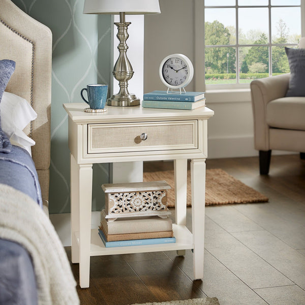 Erro White Poplar Nightstand with Soft Close Drawer and Open Shelf