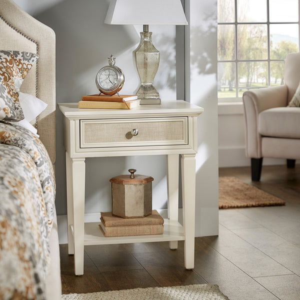 Erro White Poplar Nightstand with Soft Close Drawer and Open Shelf