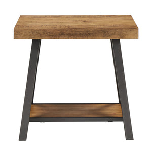 Industrial End Table with X Cross Metal Base and Wood Veneer Top for Living Room