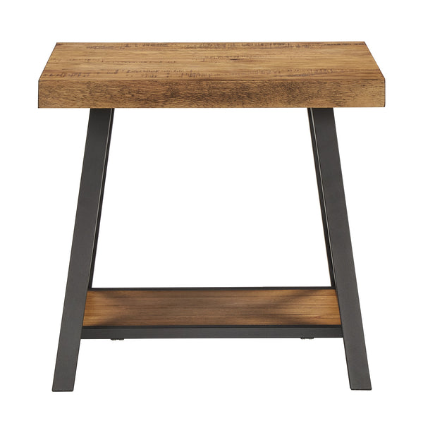 Industrial End Table with X Cross Metal Base and Wood Veneer Top for Living Room