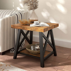 Industrial End Table with X Cross Metal Base and Wood Veneer Top for Living Room