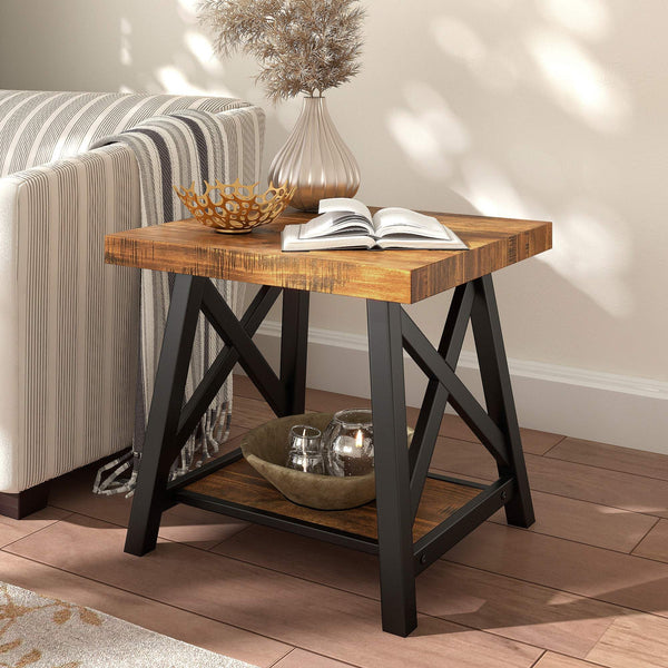 Industrial End Table with X Cross Metal Base and Wood Veneer Top for Living Room