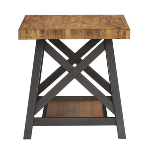 Industrial End Table with X Cross Metal Base and Wood Veneer Top for Living Room