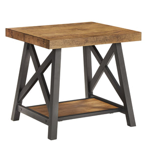 Industrial End Table with X Cross Metal Base and Wood Veneer Top for Living Room