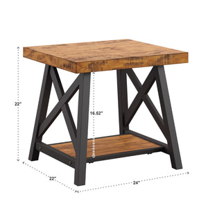 Industrial End Table with X Cross Metal Base and Wood Veneer Top for Living Room