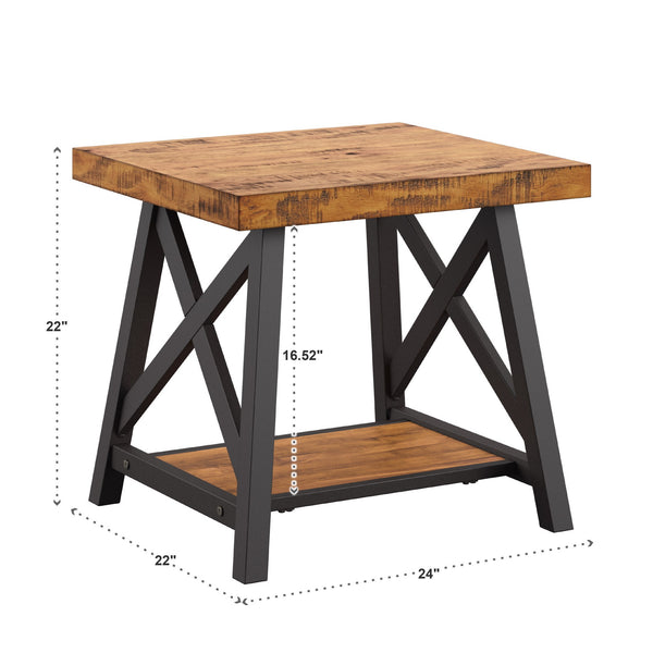 Industrial End Table with X Cross Metal Base and Wood Veneer Top for Living Room