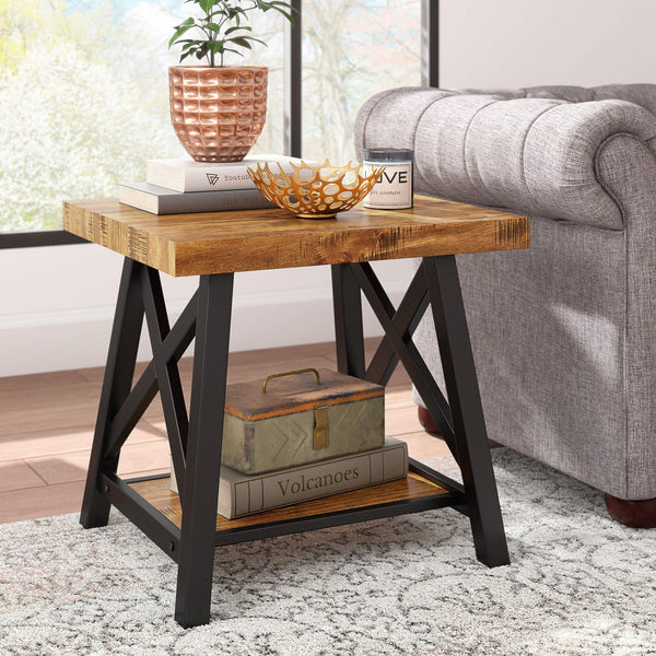 Industrial End Table with X Cross Metal Base and Wood Veneer Top for Living Room