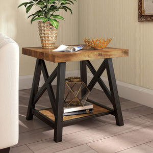 Industrial End Table with X Cross Metal Base and Wood Veneer Top for Living Room