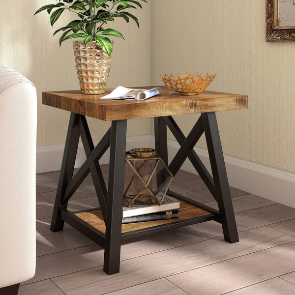 Industrial End Table with X Cross Metal Base and Wood Veneer Top for Living Room