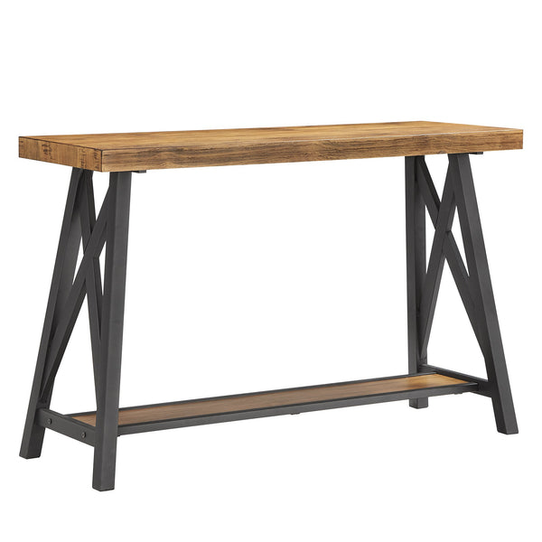 Pisits Veneer Top Sofa Console Table with Metal Base and Open Storage Shelf