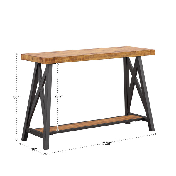 Pisits Veneer Top Sofa Console Table with Metal Base and Open Storage Shelf