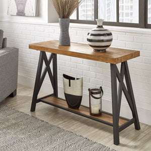 Pisits Veneer Top Sofa Console Table with Metal Base and Open Storage Shelf