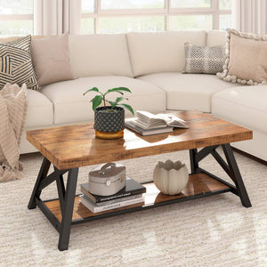 Pisits Pine Veneer Coffee Table with Metal Frame and Lower Shelf for Living Rooms