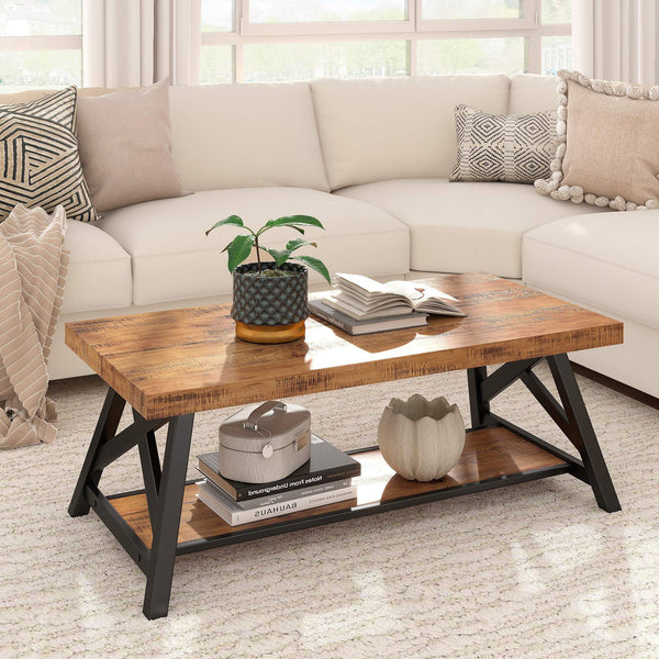 Pisits Pine Veneer Coffee Table with Metal Frame and Lower Shelf for Living Rooms