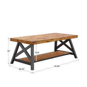 Pisits Pine Veneer Coffee Table with Metal Frame and Lower Shelf for Living Rooms