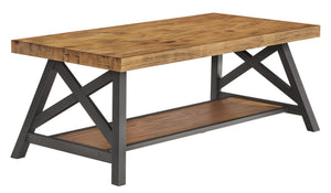 Pisits Pine Veneer Coffee Table with Metal Frame and Lower Shelf for Living Rooms