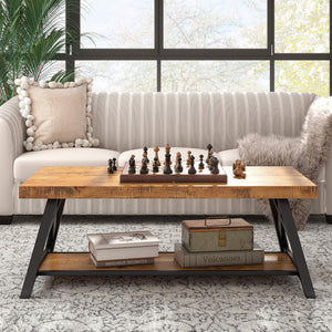 Pisits Pine Veneer Coffee Table with Metal Frame and Lower Shelf for Living Rooms