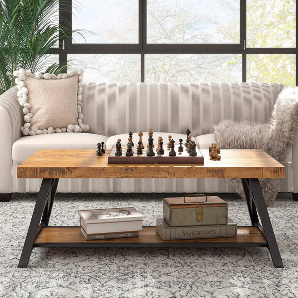 Pisits Pine Veneer Coffee Table with Metal Frame and Lower Shelf for Living Rooms