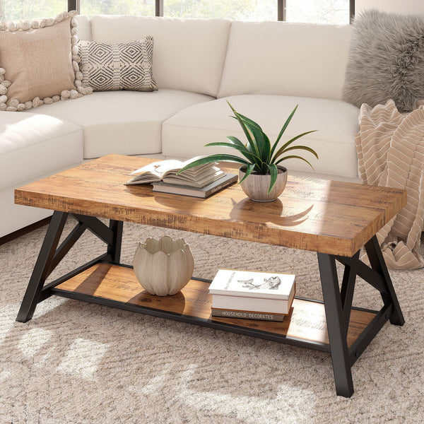 Pisits Pine Veneer Coffee Table with Metal Frame and Lower Shelf for Living Rooms