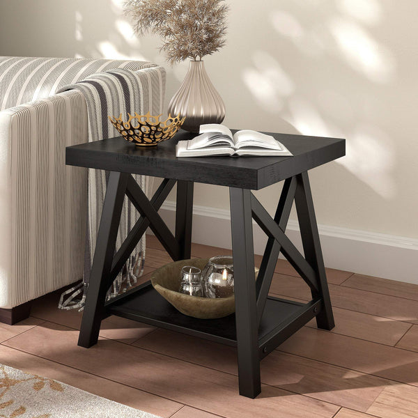 Industrial End Table with X Cross Metal Base and Wood Veneer Top for Living Room