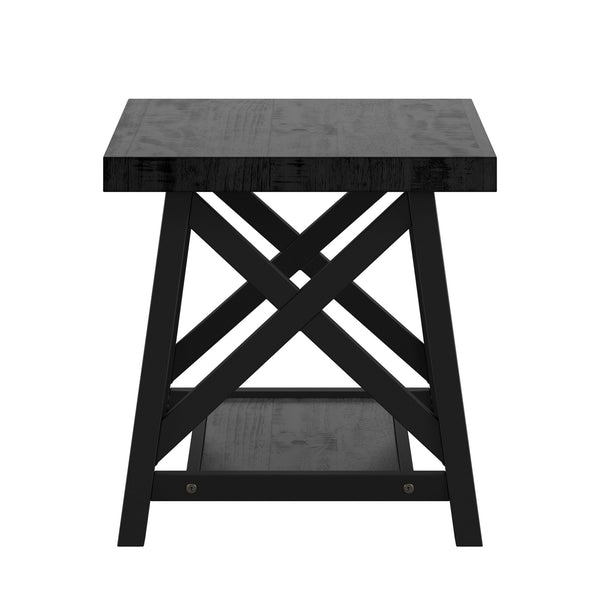 Industrial End Table with X Cross Metal Base and Wood Veneer Top for Living Room