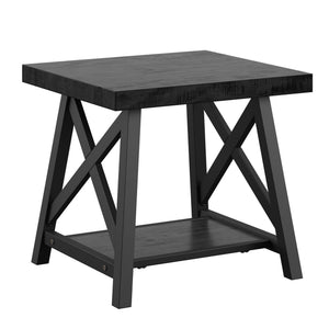 Industrial End Table with X Cross Metal Base and Wood Veneer Top for Living Room
