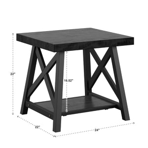 Industrial End Table with X Cross Metal Base and Wood Veneer Top for Living Room