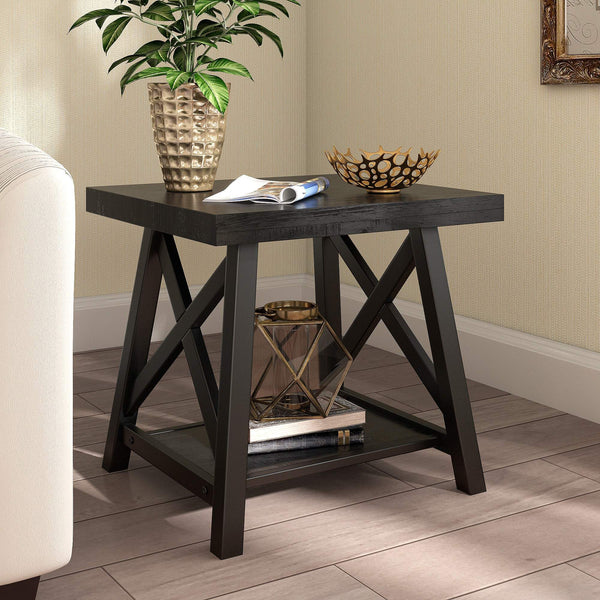Industrial End Table with X Cross Metal Base and Wood Veneer Top for Living Room
