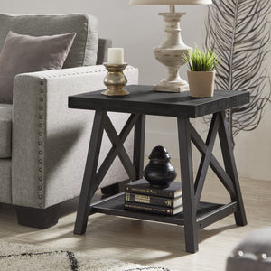 Industrial End Table with X Cross Metal Base and Wood Veneer Top for Living Room