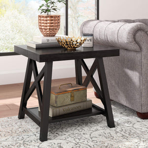 Industrial End Table with X Cross Metal Base and Wood Veneer Top for Living Room