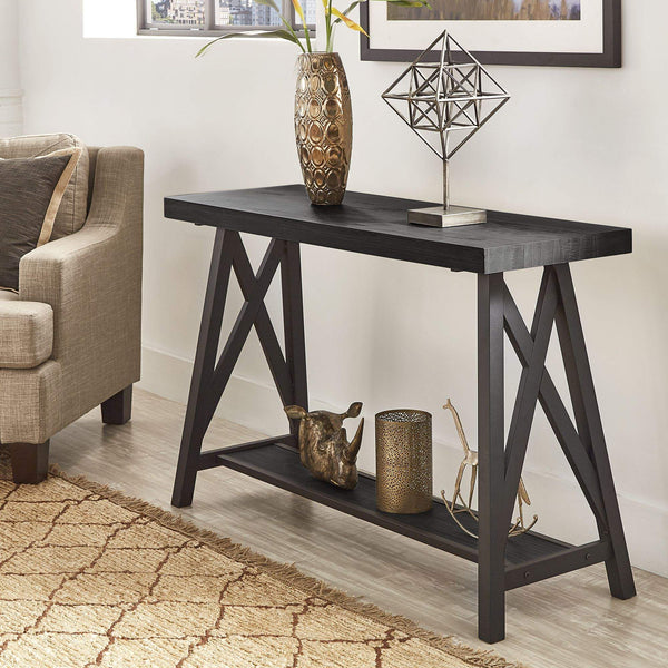 Pisits Veneer Top Sofa Console Table with Metal Base and Open Storage Shelf