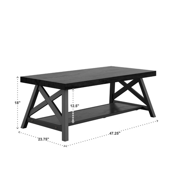 Pisits Pine Veneer Coffee Table with Metal Frame and Lower Shelf for Living Rooms